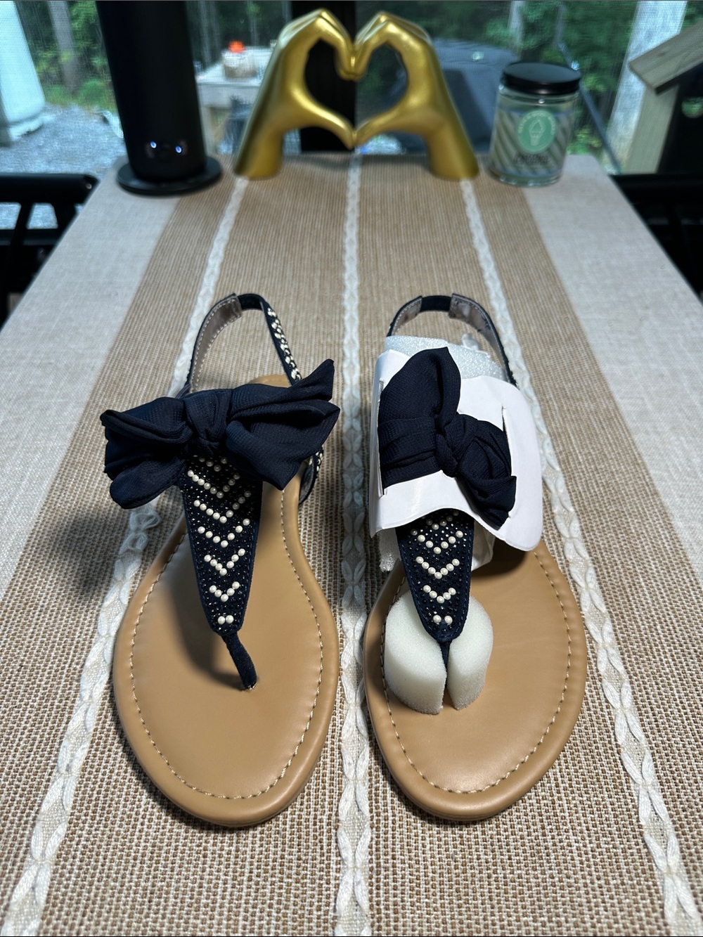 Wild Pair Navy Bow T-Strap Sandals with Pearl Accents